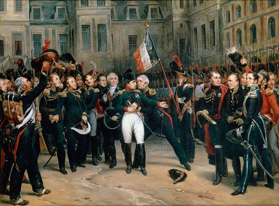 Adieu de Napoléon à la garde impériale - par Antoine Alphonse Montfort d'après Horace Vernet - huile sur toile de 98 x 130 cm - Musée national des Châteaux de Versailles et de Trianon